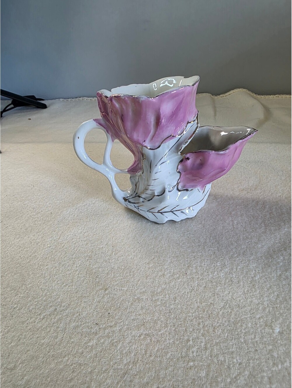Vintage Porcelain Shaving Scuttle Mug Pink Floral Gold Trim Unmarked